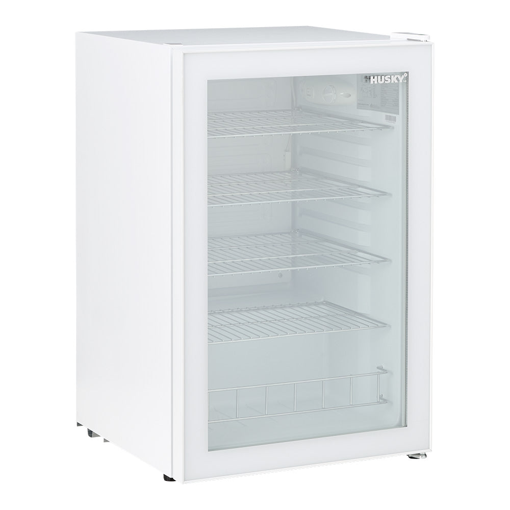 Husky 130L Single Glass Door Indoor Bar Fridge in White