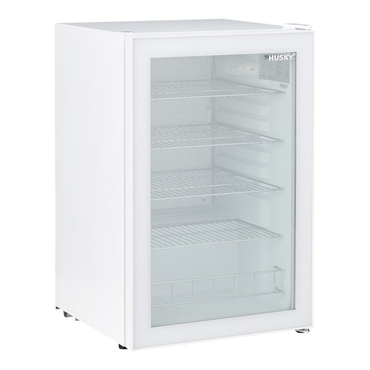 Husky 130L Single Glass Door Indoor Bar Fridge in White