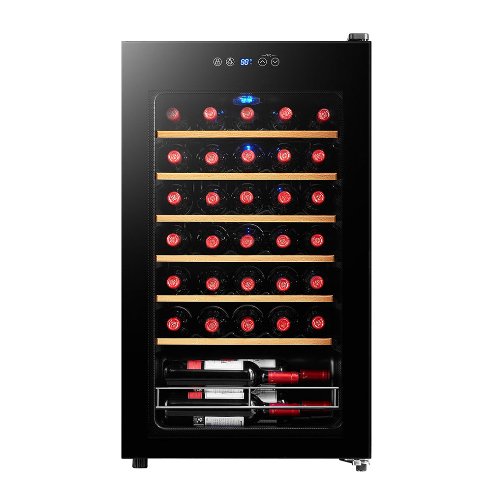 Husky Vino Pro 93L single zone wine fridge in black.