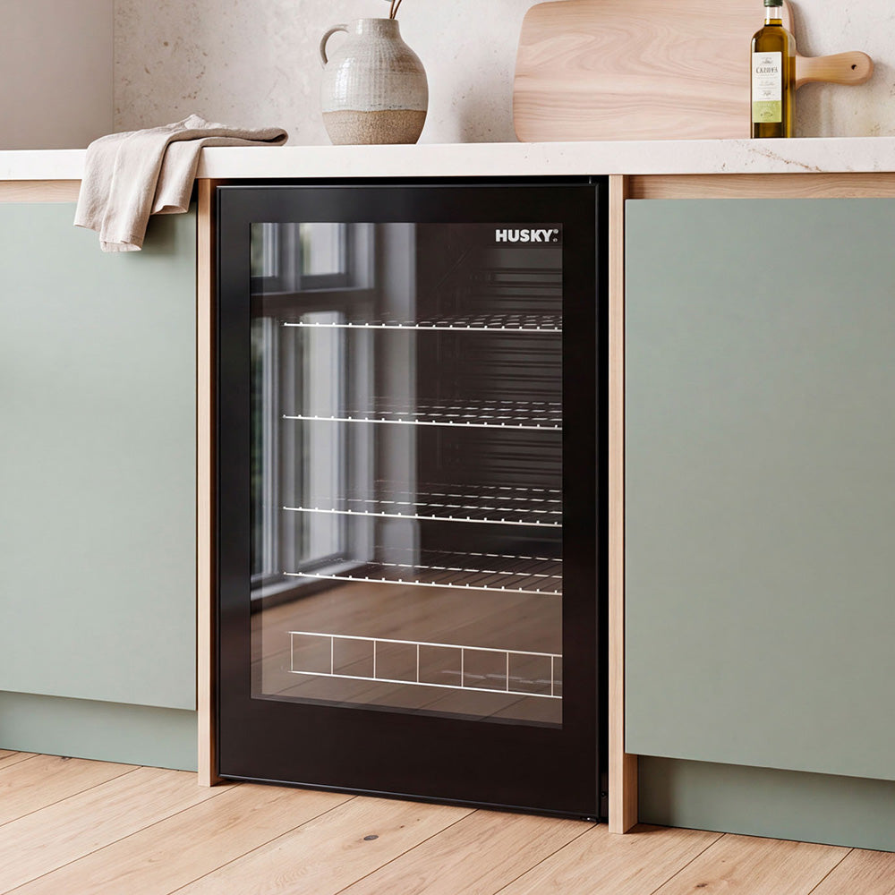 Husky 130L Single Glass Door Indoor Bar Fridge in Black