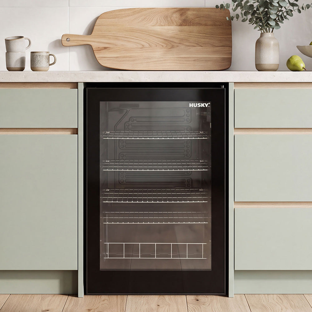 Husky 130L Single Glass Door Indoor Bar Fridge in Black
