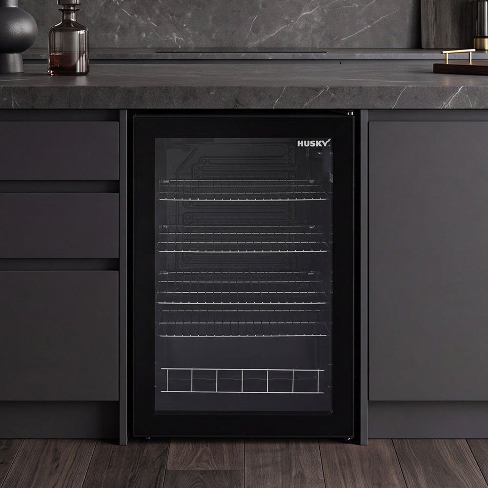 Husky 130L Single Glass Door Indoor Bar Fridge in Black