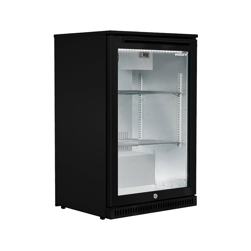 Husky 118L single glass door alfresco drinks chiller in black.