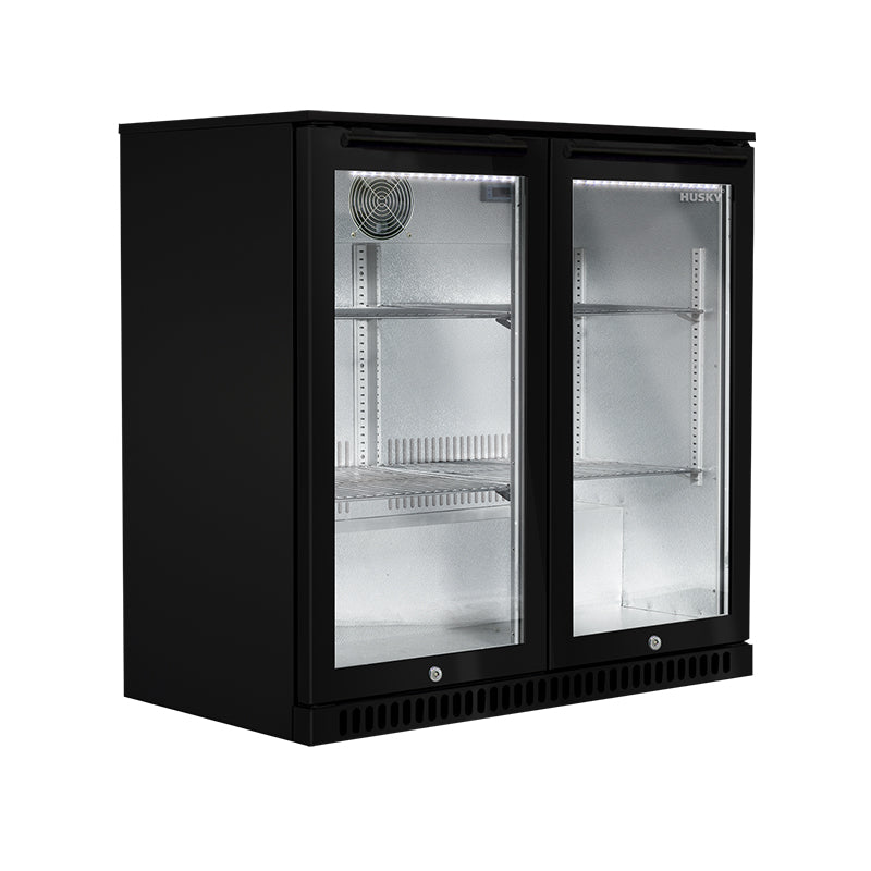 Husky 190L double glass door alfresco drinks chiller in black.