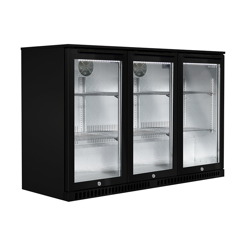 Husky 307L triple glass door alfresco drinks chiller in black.
