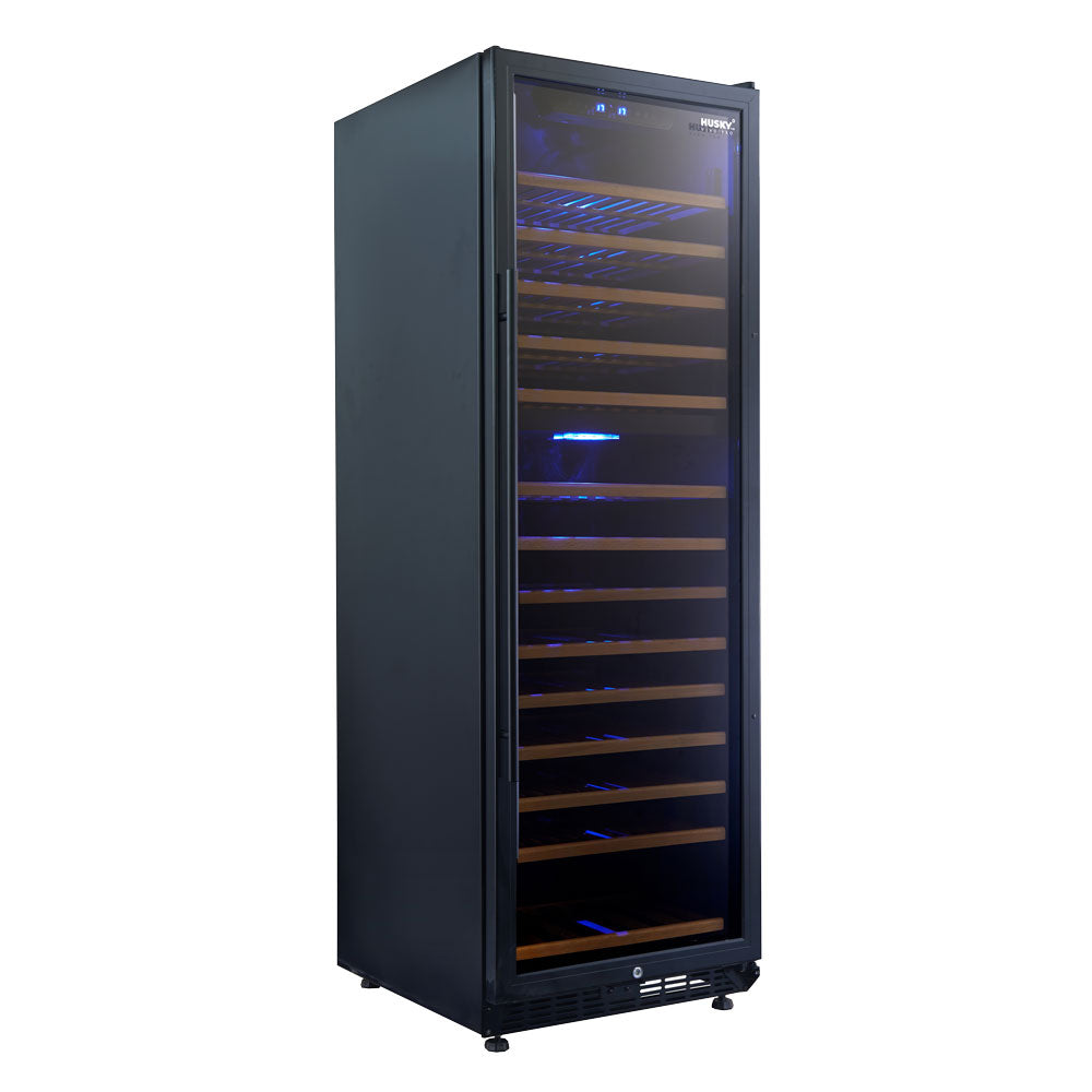Husky Vino Pro 440L dual zone freestanding wine fridge in black, glass door.