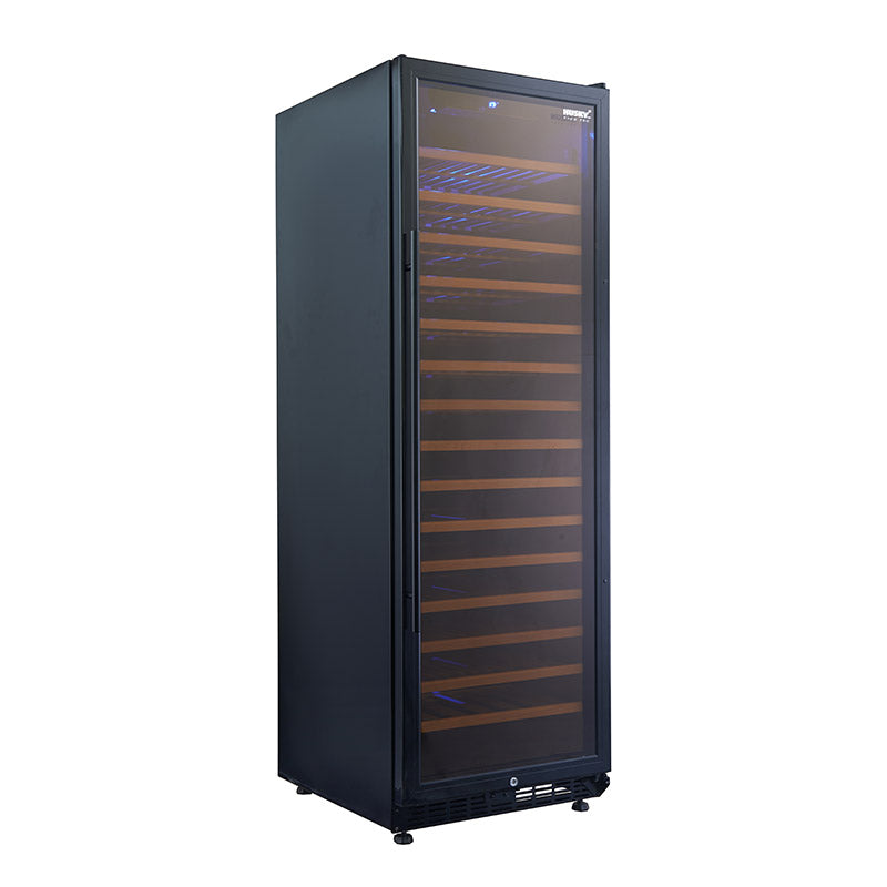 Husky Vino Pro 450L single zone freestanding wine fridge in black, glass door.