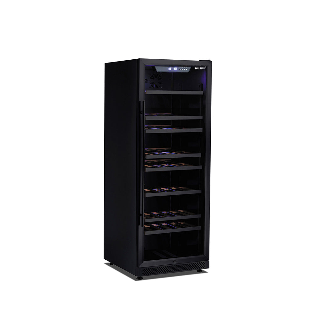 Husky Riserva 380L single zone freestanding wine fridge in matt black, glass door.