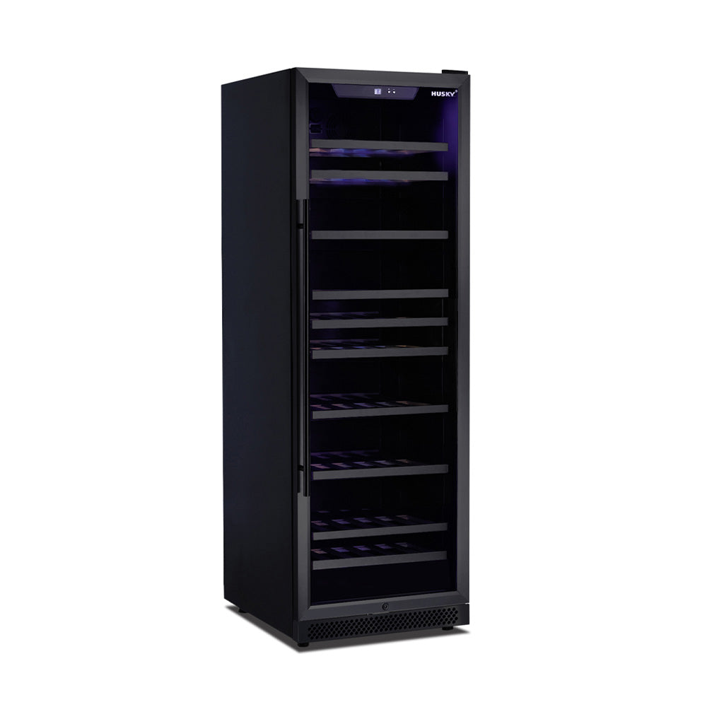 Husky Riserva 450L single zone freestanding wine fridge in matt black, glass door.