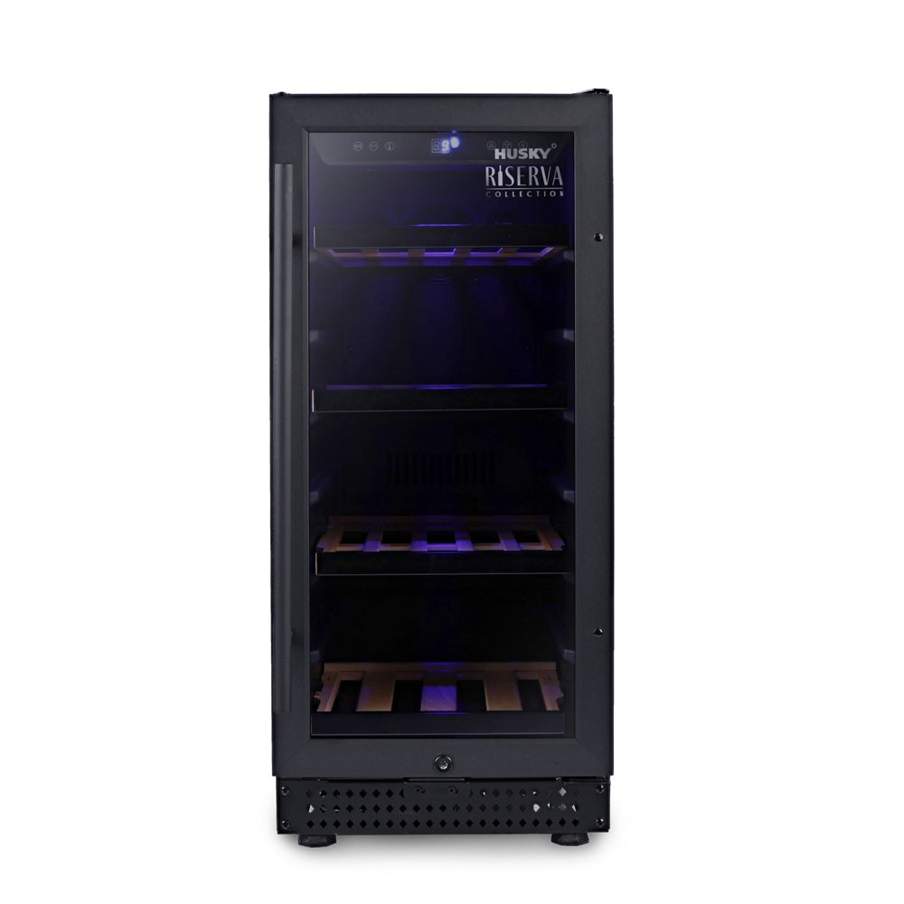 Husky Riserva 80L single zone wine fridge in matt black, glass door.