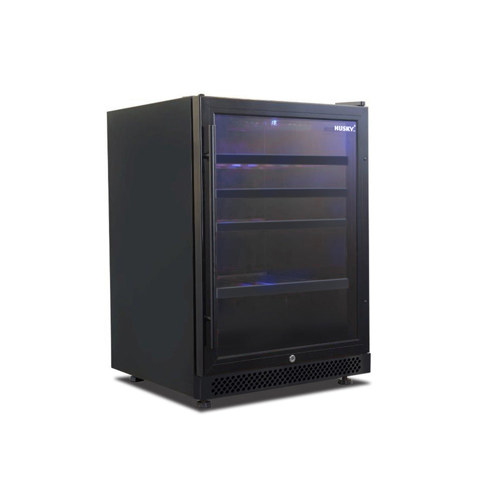 Husky Riserva 154L single zone wine fridge in matt black, glass door.